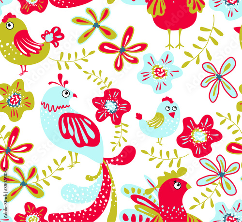 Vector illustration with plant leaves and birds in ethnic folk style. Hand drawn picture about a fairy tale. Seamless pattern for fabric and textile design