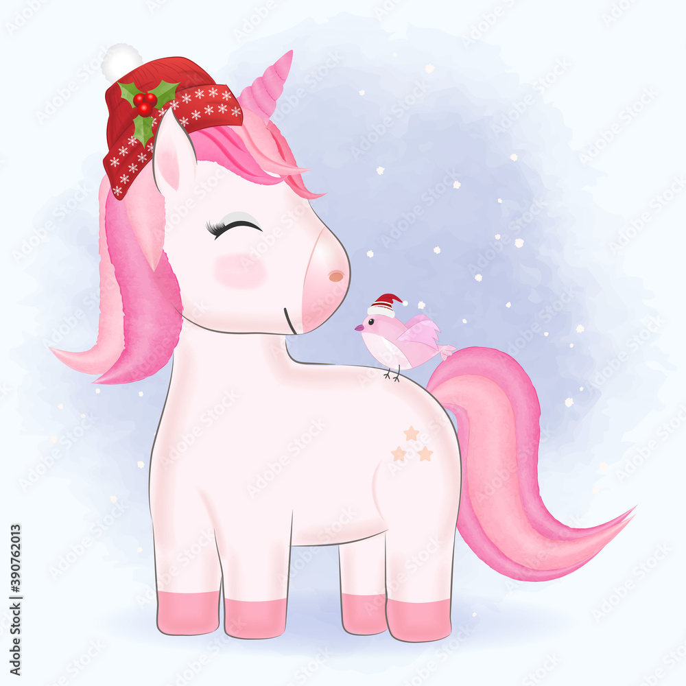 Fototapeta premium Cute little unicorn and bird cartoon hand drawn Christmas season watercolor illustration