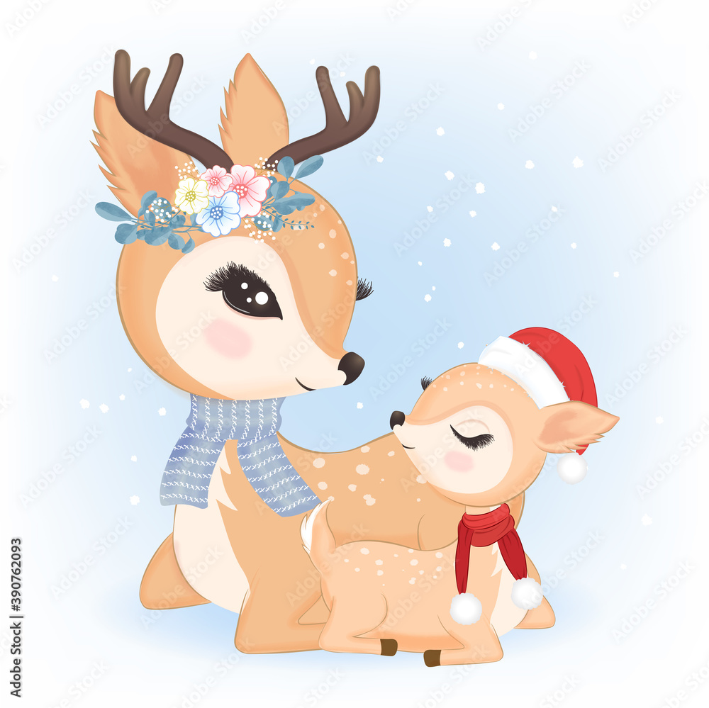 Cute family's deer with bouquet in Christmas illustration. Cute family's deer with bouquet in Christmas illustration.