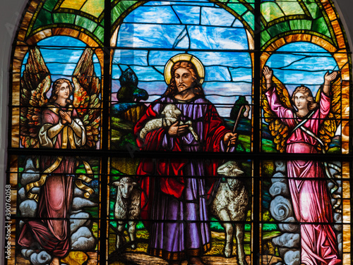 Stained Glass Window Potraying Jesus Christ as a Shepherd With Angels, African Methodist Episcopal Zion Church , Key Wesy , Florida, USA