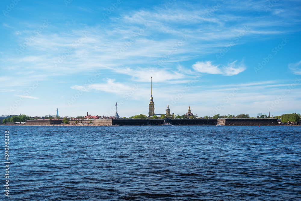 Peter and Paul fortress in Saint-Petersburg, Russia. Petersburg architecture. Petersburg museums. Walls of fortress, spring blue sky, landscape, sunny day. Neva River.