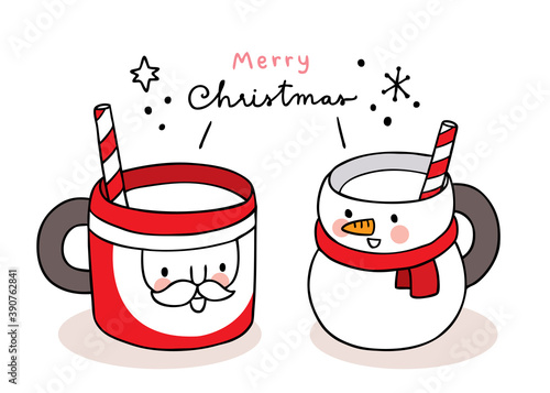 Hand draw cartoon cute Merry Christmas, Santa claus and snowman coffee cup vector.