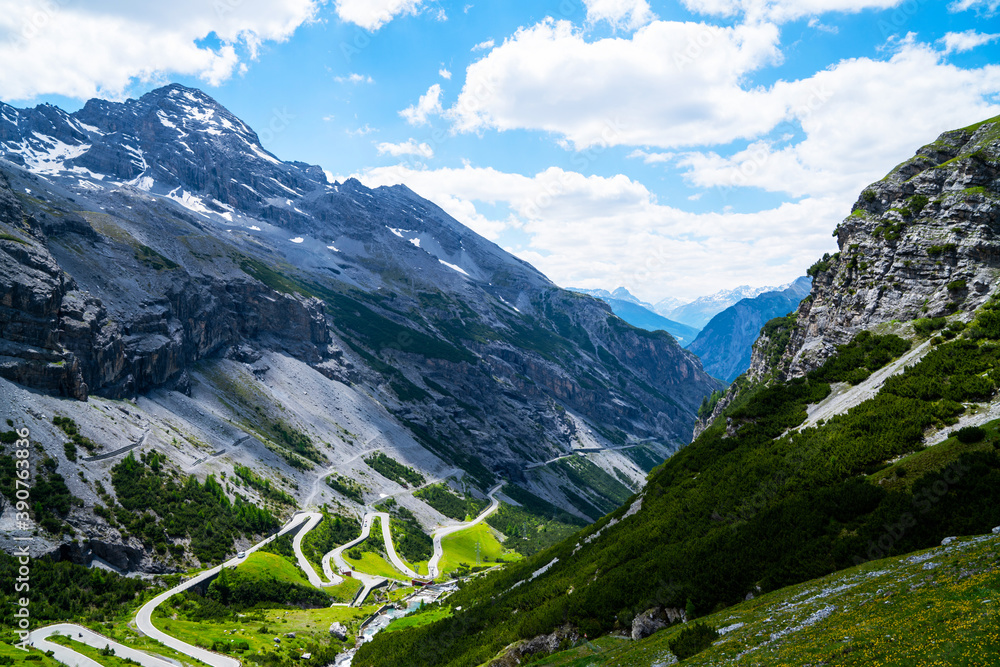 Italy, Stelvio National Park. Famous road to Stelvio Pass in Ortler Alps. Alpine landscape. Panoramic view.