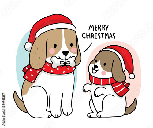 Hand draw cartoon cute Merry Christmas, Dogs and bone vector.