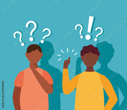 afro men doubting with question marks