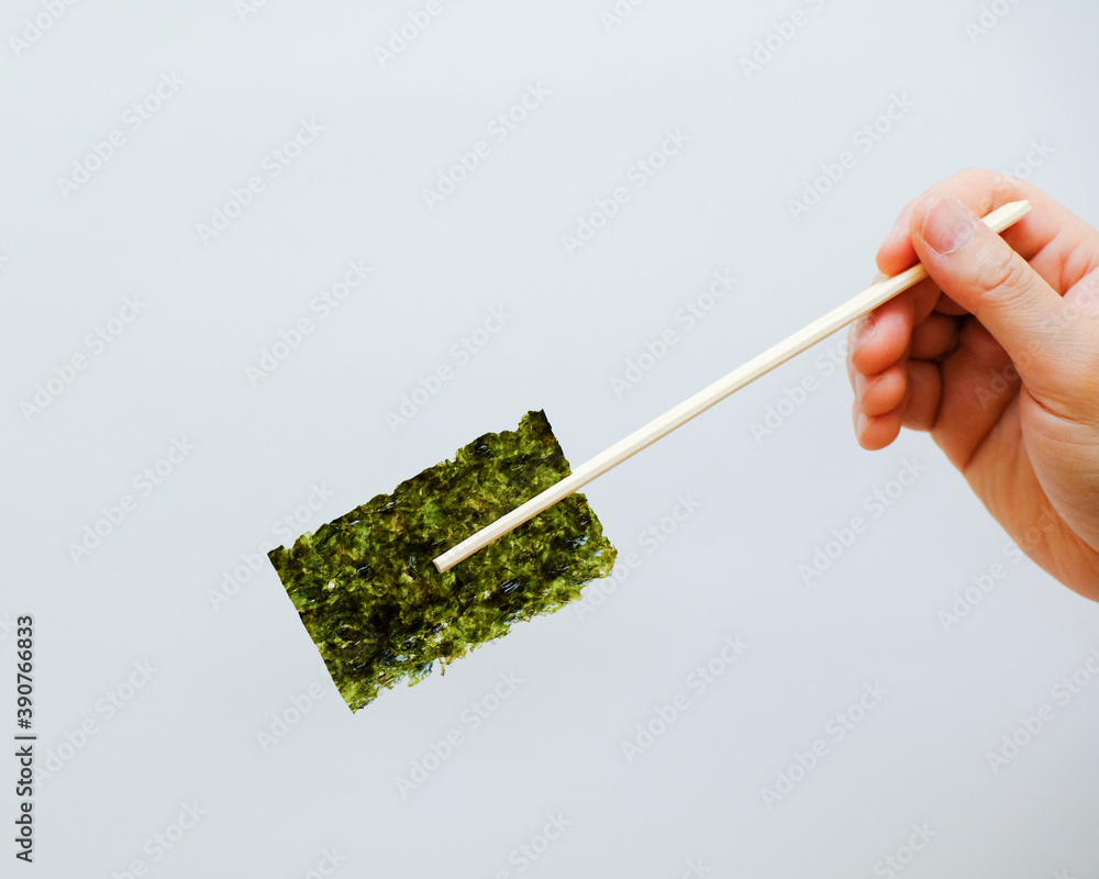 Close-up view of the hand holding a piece of roasted seaweed sheet isolated on white background with copy space. Dry nori sheets korean or japanese for sushi Close-up view of the hand holding a piece of roasted seaweed sheet isolated on white background with copy space. Dry nori sheets korean or japanese for sushi