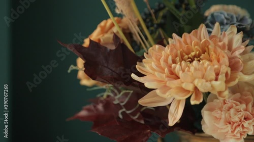 Autumn lush bouquet of different flowers. Dry compositions and bouquets of flowers and plants for the interior.