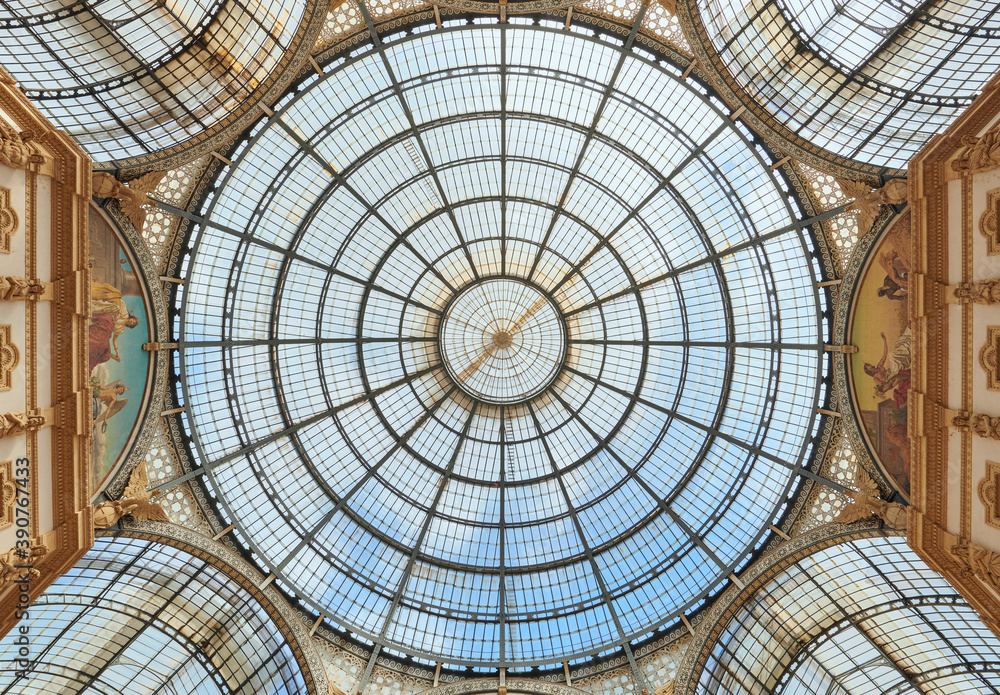Galleria Vittorio Emanuele, low angle interior view in a sunny day,Milan, Italy