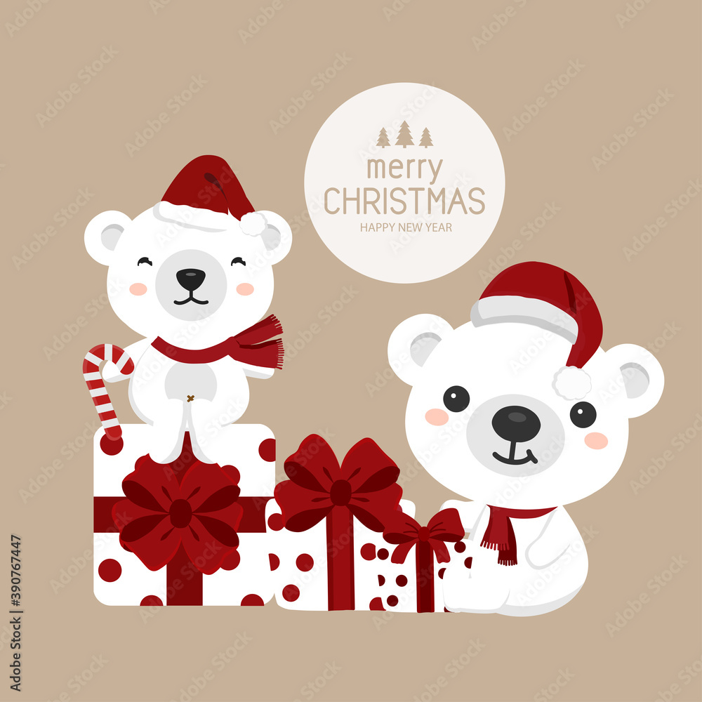 Obraz premium Christmas theme Polar Bear wearing Santa cap hat.Vector illustration.