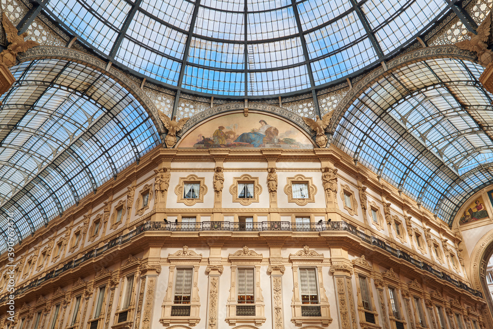 Galleria Vittorio Emanuele, low angle interior view in a sunny day,Milan, Italy