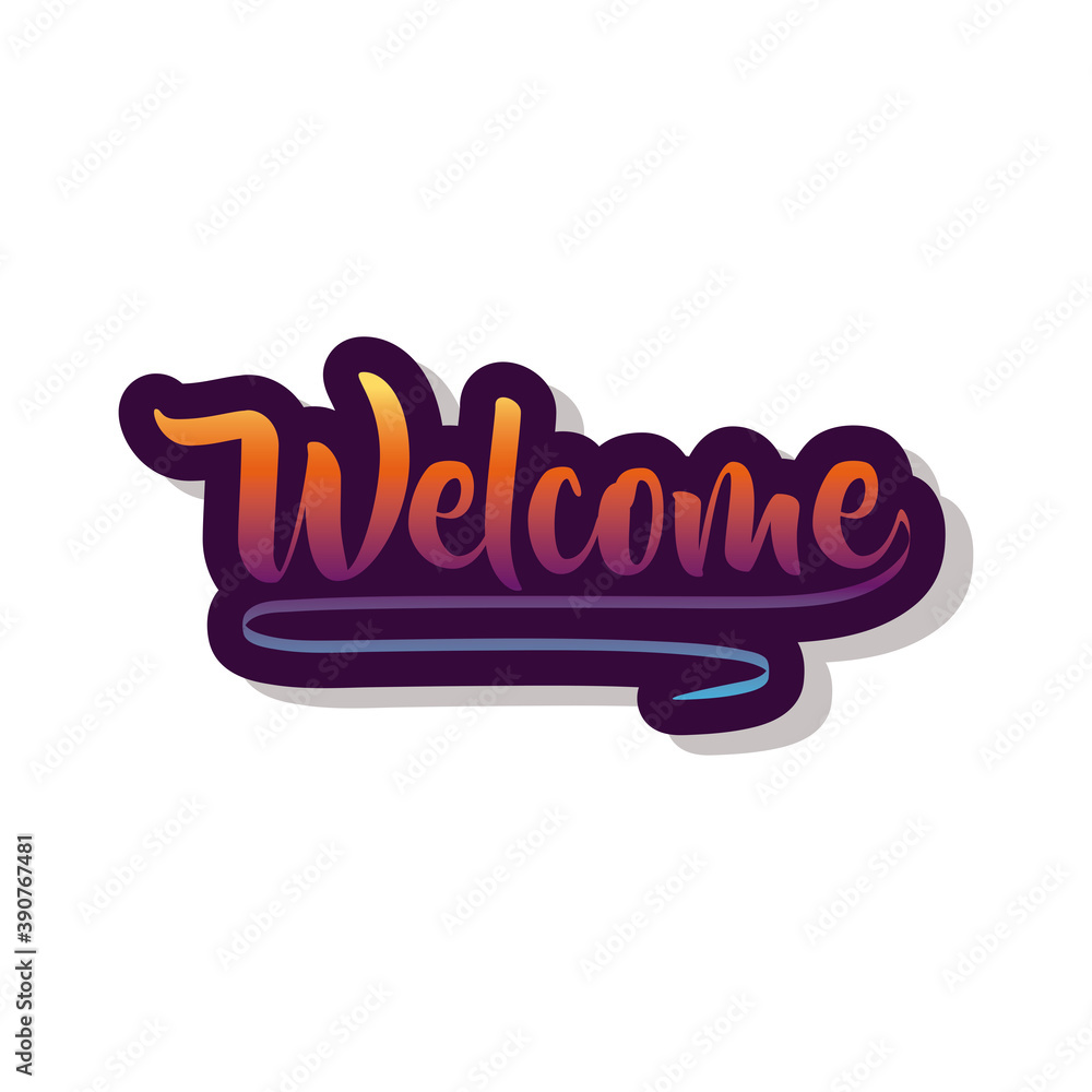 welcome label lettering with purple and orange letters