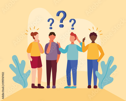 young interracial people doubting with question marks