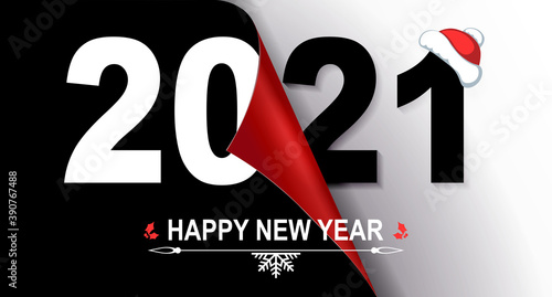 Happy new year 2021 christmas composition in black and white shade, folded leaf in red shade with gradient