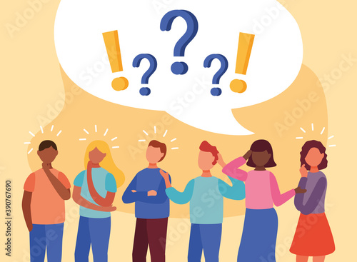 young interracial people doubting with question and exclamation marks in bubble
