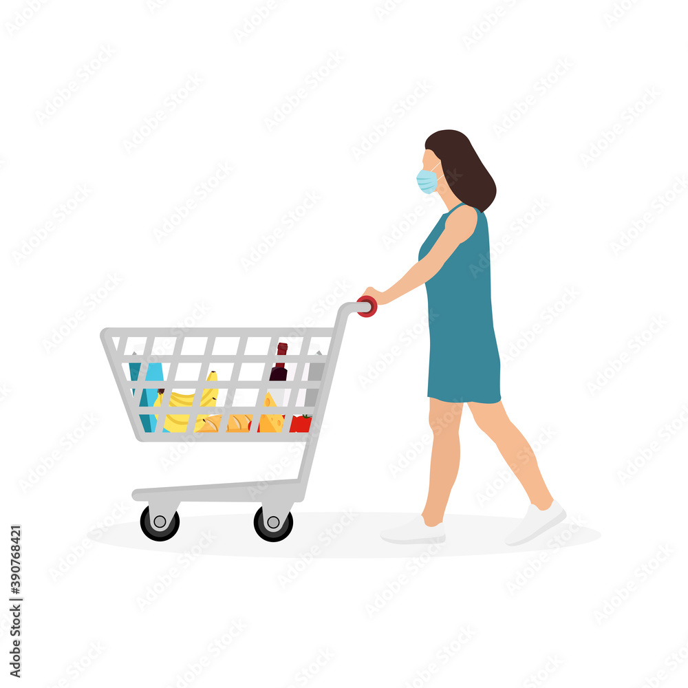 Young Woman Masked Pushing Shopping Cart With Groceries Isolated on White Background. Vector Illustration Young Woman Masked Pushing Shopping Cart With Groceries Isolated on White Background. Vector Illustration