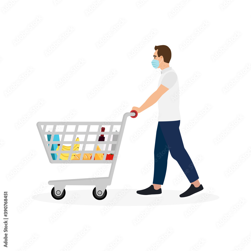 Young Man Masked Pushing Shopping Cart With Groceries Isolated on White Background. Vector Illustration Young Man Masked Pushing Shopping Cart With Groceries Isolated on White Background. Vector Illustration