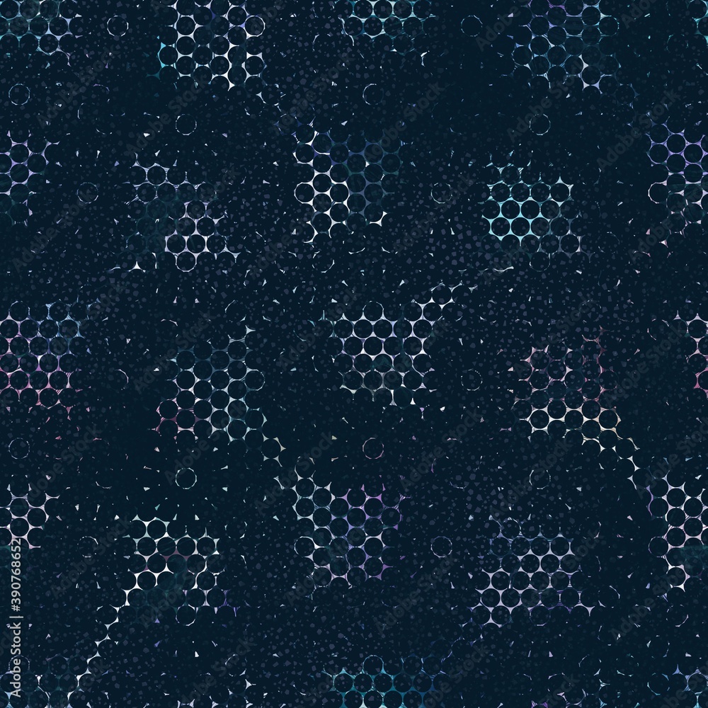Lux navy and white iridescent geo seamless pattern. High quality illustration. Geometric shapes overlayed with holographic faded blurry colors and blobs in a marble like pattern. Futuristic design.
