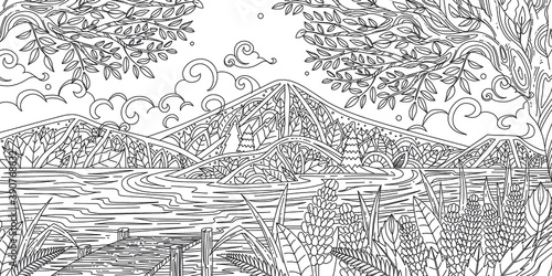 Outline Hand Drawn Lake Landscape Adult Coloring