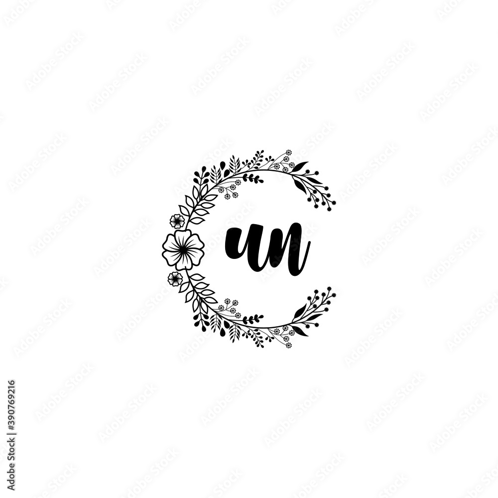 Initial UN Handwriting, Wedding Monogram Logo Design, Modern Minimalistic and Floral templates for Invitation cards	
