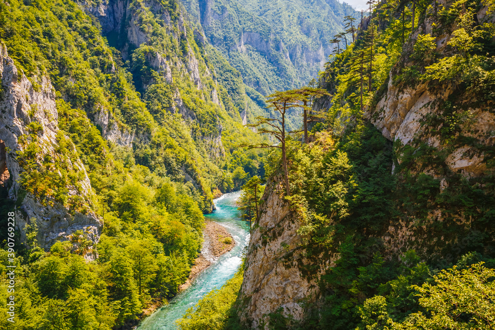 Vibrant scene of great canyon of river Piva. Location place National park Durmitor, Montenegro.