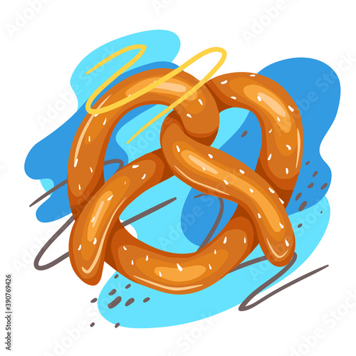 Bavarian pretzel treat with abstract lines and color spots. Baking bun with sprinkles. German food at Oktoberfest. Vector cartoon illustration for menu, recipe, sticker, postcards and your creativity