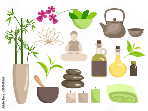 SPA collection. delicate thai set for relaxation. The set includes essential and vegetable oils, bamboo leaves, tea leaves, hot stones, a Chinese teapot and cup, candles, orchid, Buddha figurine. 
