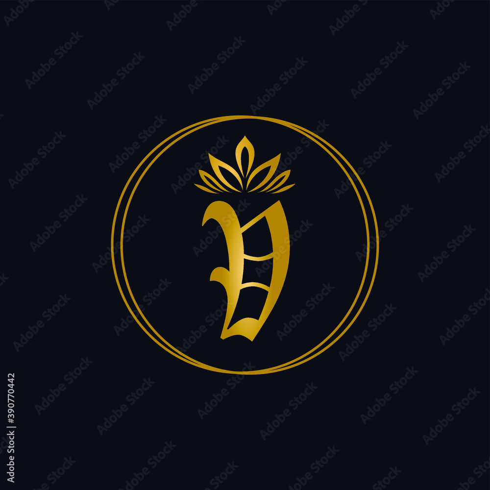 Luxury Initial V Golden metallic Letter  with circle line and leaves crown. Cosmetic, fashion, boutique, logo vector concept