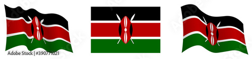 Kenya flag in static position and in motion, fluttering in wind in exact colors and sizes, on white background