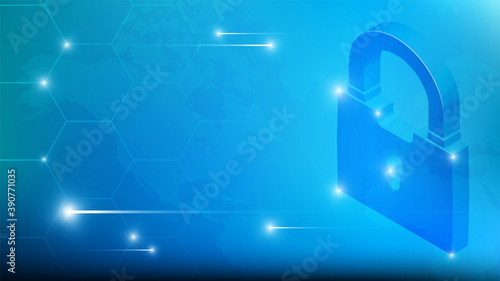 cybersecurity technology concept. Padlock on background of world map. Personal data protection and safe data storage on Internet. Vector