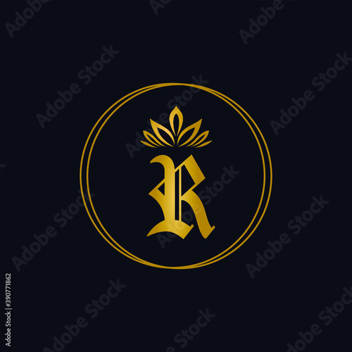 Luxury Initial R Golden metallic Letter with circle line and leaves crown. Cosmetic, fashion, boutique, logo vector concept