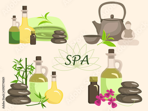 SPA collection. delicate thai set for relaxation. The set includes essential and vegetable oils, bamboo leaves, tea leaves, hot stones, a Chinese teapot and cup, candles, orchid, Buddha figurine. 