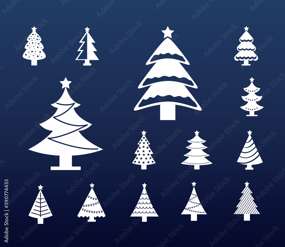 happy merry christmas bundle of white trees in blue background