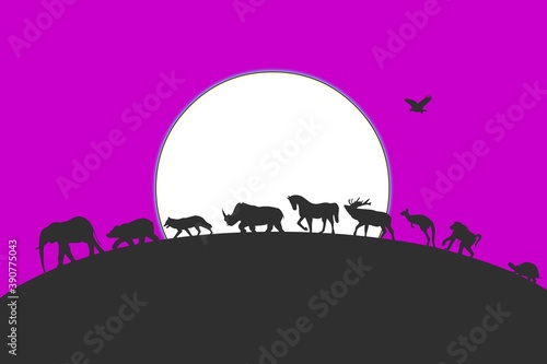 Beautiful illustration of walking wild animals with moon light background