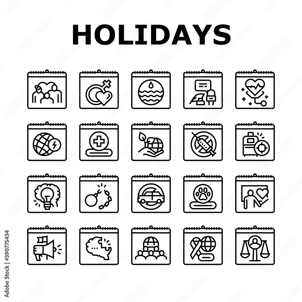 World Holidays Event Collection Icons Set Vector. Global Family And Women Day, Tolerance And Democracy, Red Cross And Water Holidays Black Contour Illustrations