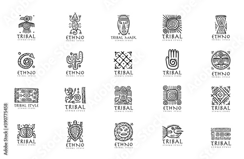 Ethnic mexican decor. Icons set for your design. Tribal tattos elements