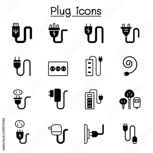Plug, USB, cable, socket, port icon set vector illustration graphic design