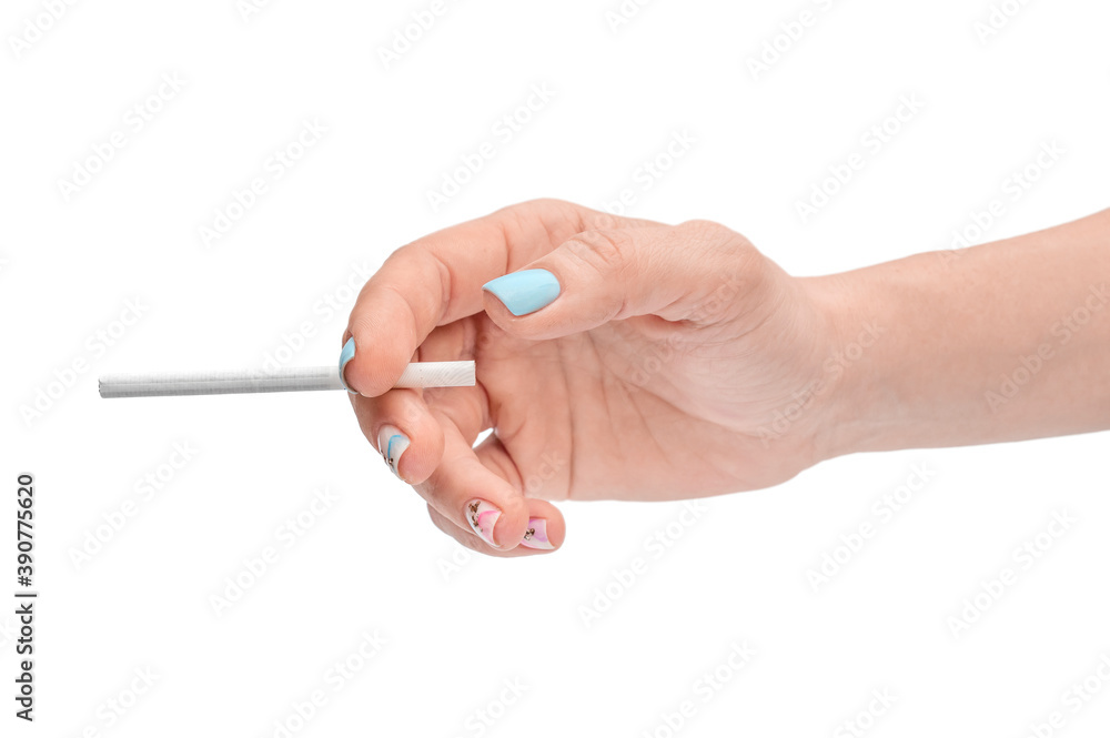 Woman's hand holding thin cigarette. Isolated on white.