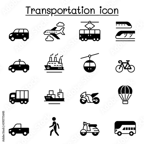 Set of Transportation related vector icons. contains such Icons as airplane, bus, truck, lorry, scooter, motorcycle, walking, bicycle, taxi, train, cruise and more.