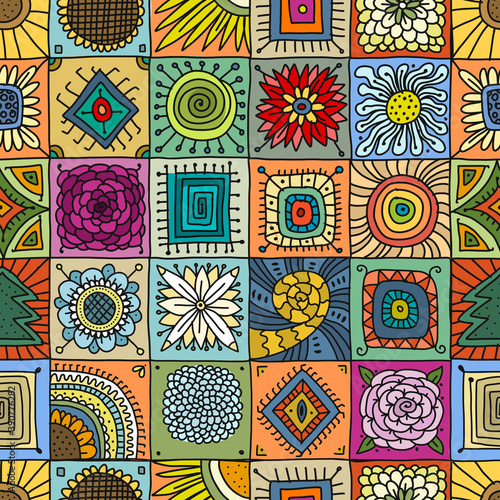 Talavera pattern. Indian patchwork. Turkish ornament. Moroccan tile mosaic. Spanish decoration. Ethnic background. Seamless pattern for your design