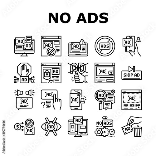 No Ads Advertise Free Collection Icons Set Vector. Skip Ad Button And Blocking Application, No Ads On Computer Screen And Smartphone Display Black Contour Illustrations