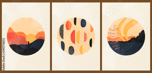 A set of three colorful aesthetic backgrounds. Minimalist social media posters in pastel colors. Vintage watercolor illustrations with mountain landscape, curves, lake, forest, sun, plants.