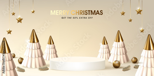 Merry Christmas sale banner template with product display podium 