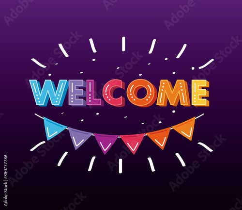 welcome label lettering with garland hanging in purple background