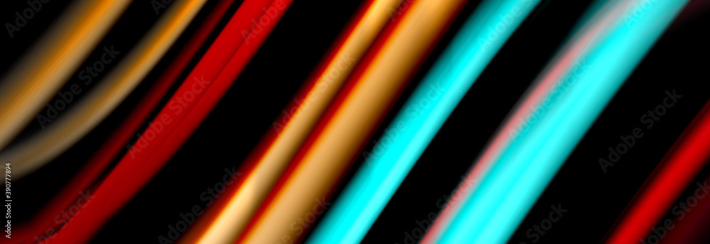 Fototapeta premium Dynamic motion abstract background. Color blurred stripes on black. Wave liquid lines poster. Vector illustration