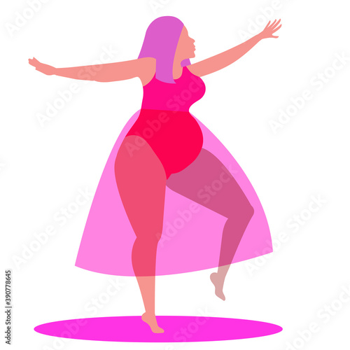vector illustration of a pregnant woman in pink. happy and easy pregnancy. pregnant woman dancing and happy