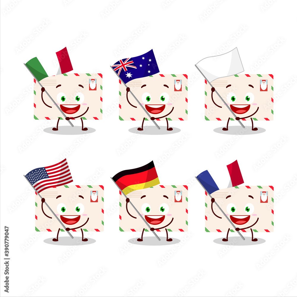 Santa envelopes cartoon character bring the flags of various countries Santa envelopes cartoon character bring the flags of various countries