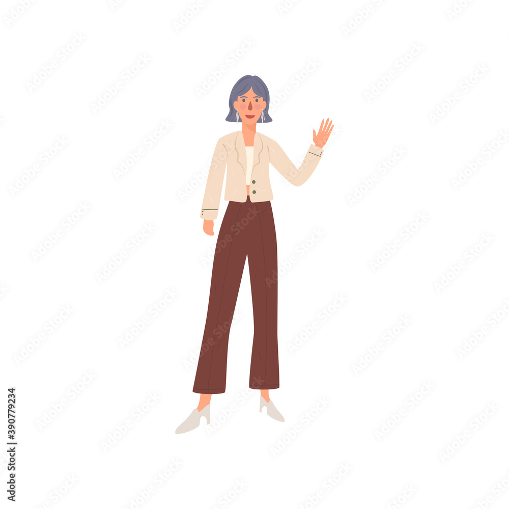 Woman raising left hand. Female leader volunteered to work. Leadership, empowering woman. Flat style gesture vector illustration. Woman raising left hand. Female leader volunteered to work. Leadership, empowering woman. Flat style gesture vector illustration.
