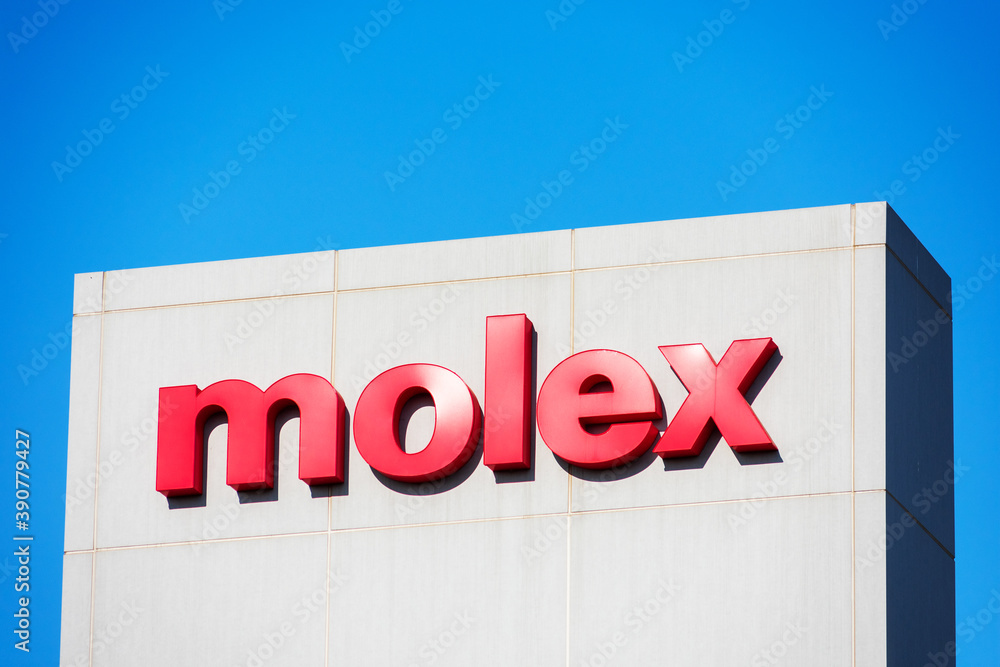 Molex logo and sign at Silicon Valley headquarters of manufacturer of