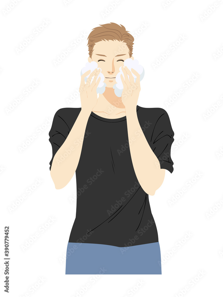 スキンケアする若い男性のイラスト スキンケアする若い男性のイラスト