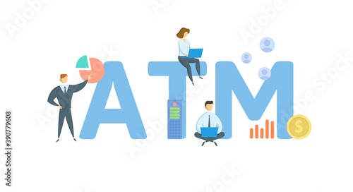 ATM, Automated Teller Machine. Concept with keyword, people and icons. Flat vector illustration. Isolated on white background.